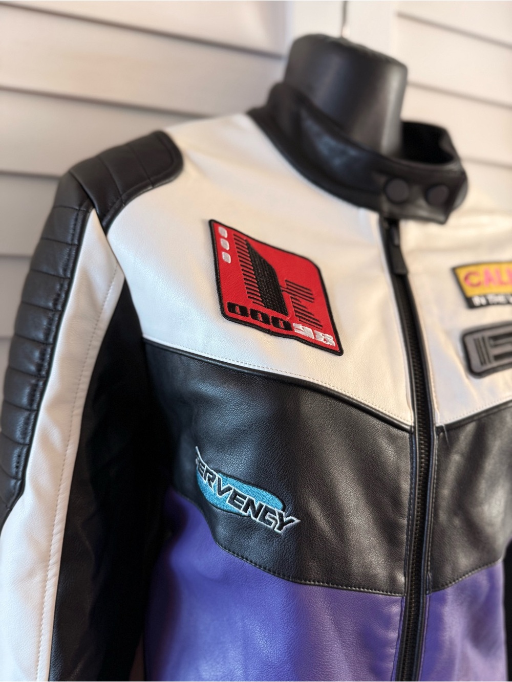 Bershka Faux Leather Racing Colour Block Moto Jacket Purple Y2K Size Medium M - Picture 5 of 17